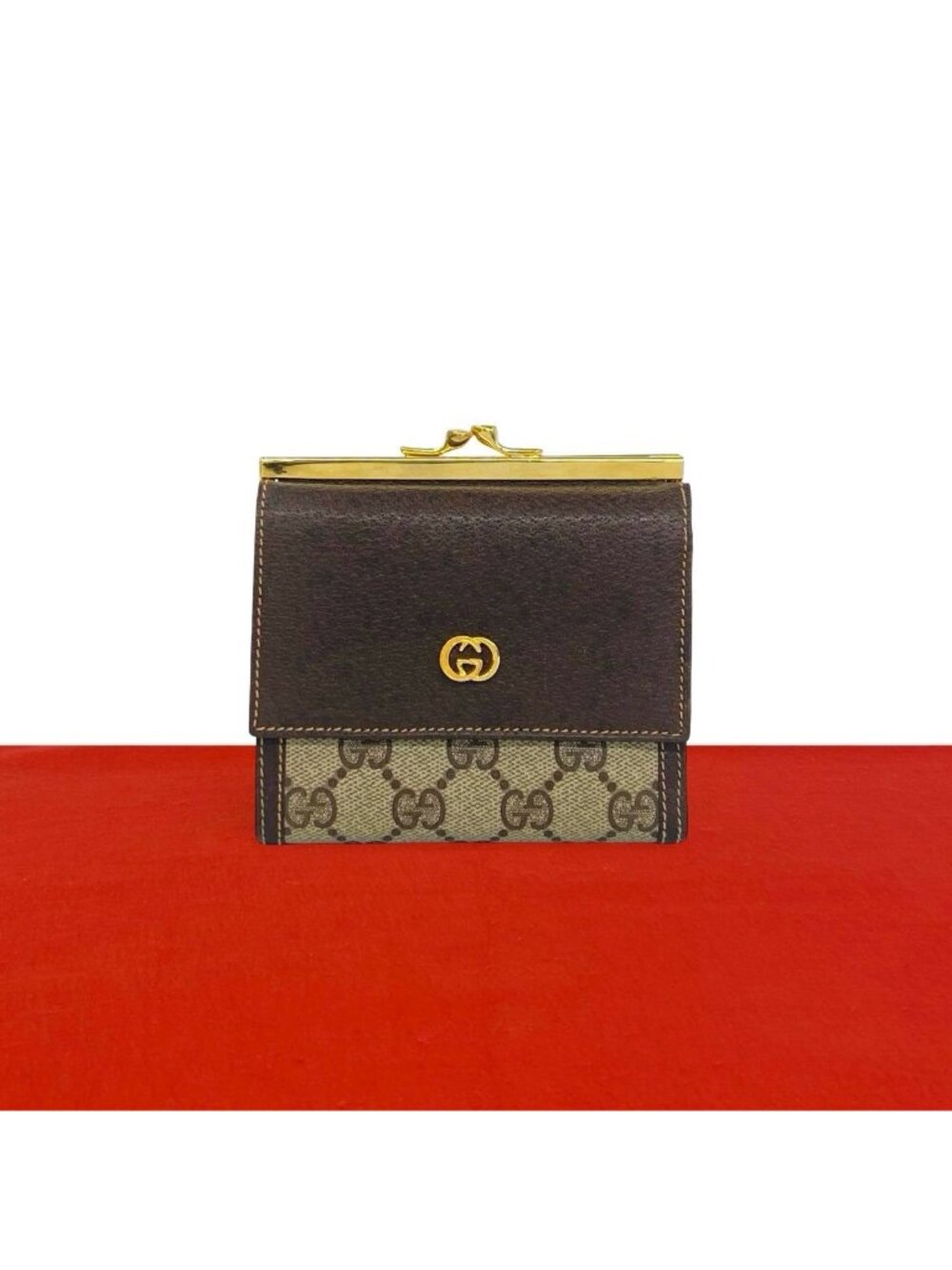 Gucci Vintage GG Logo Pattern Leather Kiss Lock Trifold Wallet Mini Brown